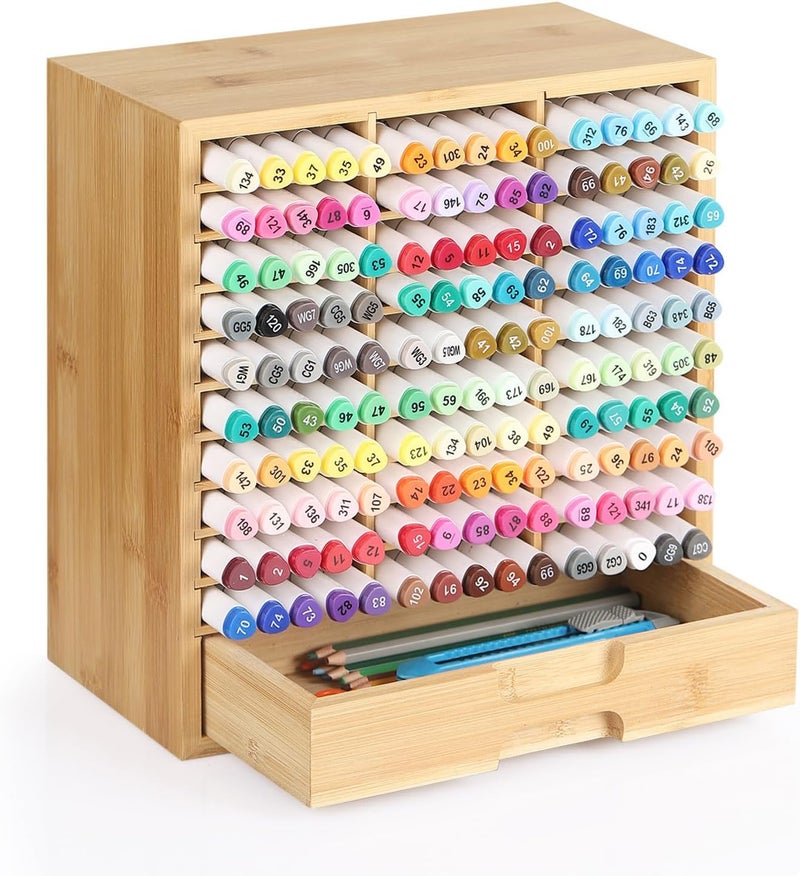 AUTOARK Bamboo Marker Organizer for 150 Markers, Desktop Storage with Drawers, Art Pens Pencils Art Brushes Stationary Organizer, AHK-060 - Image 1